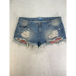 Show Me Your Mumu Blue Womens shorts sz 32 Jean Cut off destressed mid‎ rise